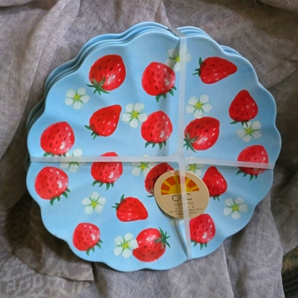🍓C&C California Home Scalloped Edge Bamboo Dinner Plates 11" Large Strawberries
